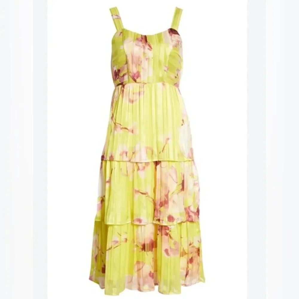 BTFL Oleander Pleated Tiered Dress in Bright Orchid Size XS Floral‎
